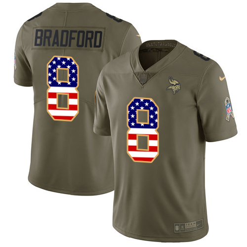 Nike Vikings #8 Sam Bradford Olive/USA Flag Youth Stitched NFL Limited Salute to Service Jersey